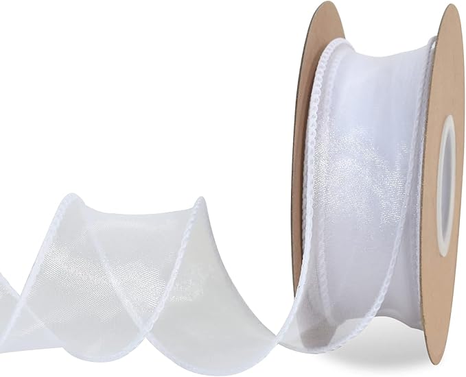 TONIFUL 1-1/2 Inch Wide White Wired Chiffon Ribbon Sheer Organza Ribbons for Crafts Floral Bouquets Wedding Car Party Decorations Valentine's Day Gift Wrapping Bow Making Tree Wreaths Decoration