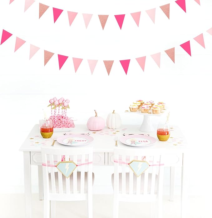 Hot-Pink Rose-Gold Party Decorations Banner - 2pcs Wedding Bridal Shower Hanging Paper Pennant Flags Streamers,Baby Girl Birthday Bachelorette Engagement Mohters Decor Lasting Surprise