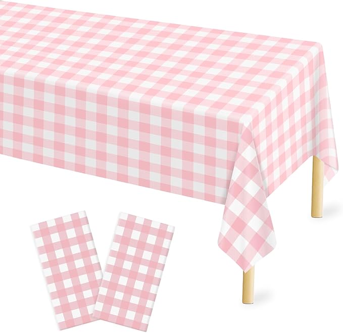Mulbozy Pink Gingham Tablecloth 54 × 108 Inches Pink and White Checkered Table Cloth Disposable Plastic Waterproof Tablecover for Outdoor Picnic, Holiday Dinner, Birthday Party