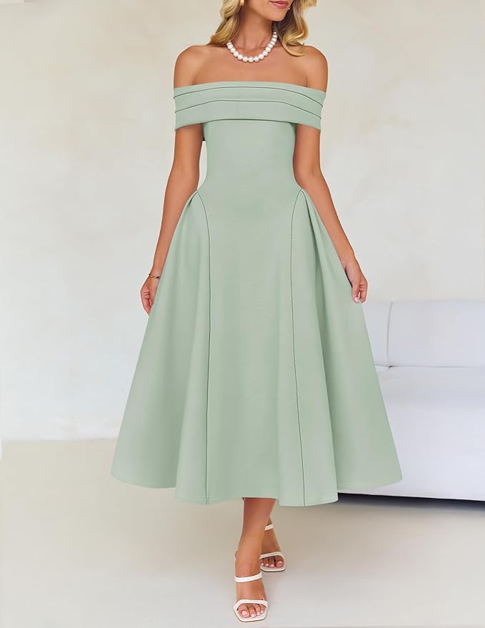 ZESICA Summer 2026 Cocktail Dresses for Women's Off Shoulder Short Sleeve Swing A Line Wedding Evening Party Midi Dress