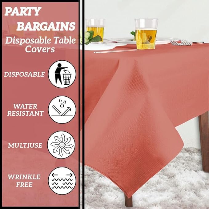 PARTY BARGAINS Disposable Table Covers, 54 x 108 Inch, Red, 3-Ply Paper & Plastic Spill-Resistant Party Tablecloths, 5 Pack