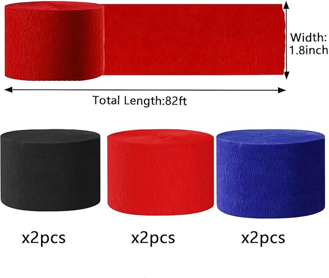 We Moment Black Blue and Red Paper Streamers Party Streamer 1.8 Inch Widening 6 Rolls,Black Blue Red Party Decorations Streamer 82 feet per roll for Birthday Decorations