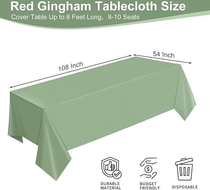 6 Pack Sage Green Plastic Tablecloths for Rectangle Tables Waterproof Sage Green Table Cover for Birthday Bridal Wedding Baby Shower Party Decorations, 54 X 108Inch