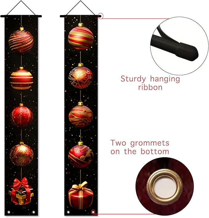 Nuxovilar Christmas Decorations Outdoor Yard Front Porch Sign Set, Black Background Christmas Ball Door Banners, Hanging Door Decor for Home Indoor Wall Yard