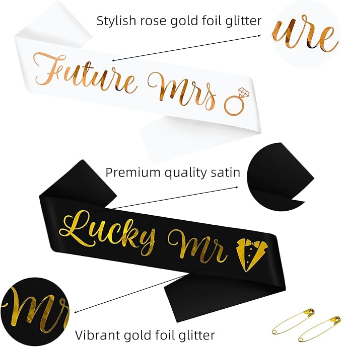 Future Mrs & Lucky Mr - Bride to Be & Groom to Be Sash Kit, Gold Glitter Bachelorette & Bachelor Sash for Wedding Bridal Shower Party Decorations Engagement Gifts (White and Black)