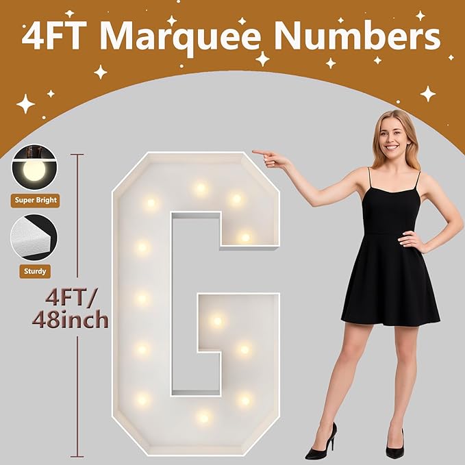 4FT Marquee Light Up Letters, Large Marquee Letters, Pre-cut Foam Board Letter G for Engagement Wedding Decorations Birthday Party Backdrop Decor, Balloon Arch Kit