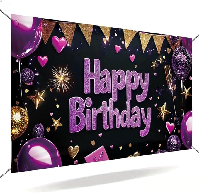 Birthday Banner 71 x 43 Inch, Large Happy Birthday Party Backdrop, Purple and Gold Glitter Birthday Decorations for Women Girls