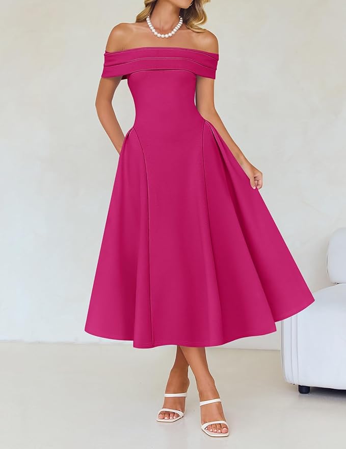 ZESICA Summer 2026 Cocktail Dresses for Women's Off Shoulder Short Sleeve Swing A Line Wedding Evening Party Midi Dress