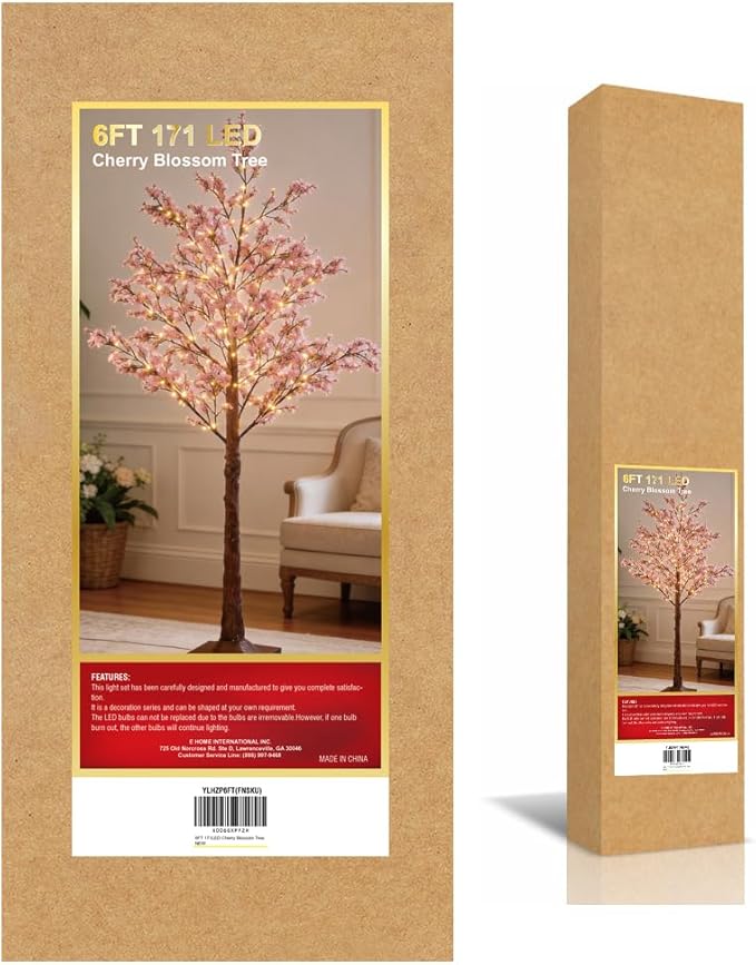 LIGHTSHARE 6FT Lighted Cherry Blossom Tree with 171 LED Warm White Lights, Artificial Sakura Tree with Dimmable Timer Transformer, Indoor Outdoor Decorative Tree with Ground Stakes