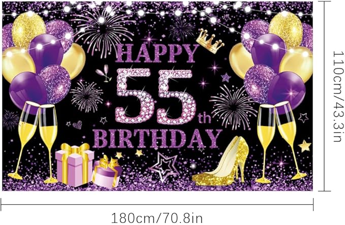 Happy Birthday Backdrop Banner 55th Women Birthday Decoration Supplies Anniversary Party Photo Photography Background Flash Purple Gold Black Birthday Banner Background Poster