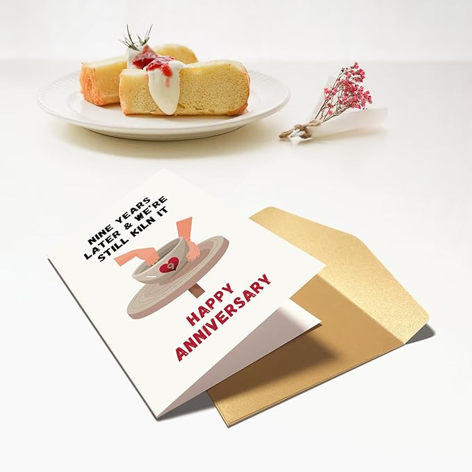 Funny 9th Anniversary Card & Gift for Husband Wife, Pottery Anniversary Pun Card Gifts for Him Her, 9 Years Together Wedding Anniversary Card for Couple, Nine Years Later & We're Still Kiln It