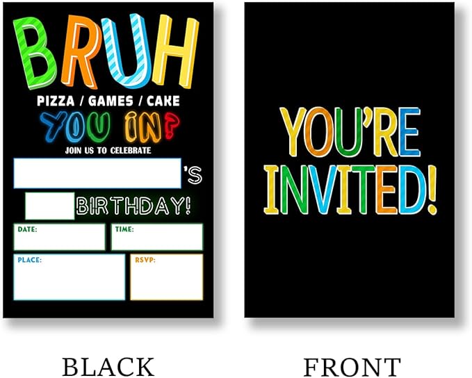 Teen Boy Party Invitation Supplies with Envelopes Set of 20 Bruh Birthday Party Invitation Fill in Blank, Double Sided
