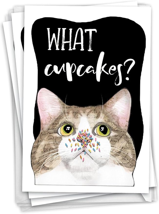 NobleWorks, Pack of 3 Funny Birthday Greeting Cards with Envelopes (1 Design, 3 Each) Cat Antics - Cupcakes C3638ABDG-C3x1