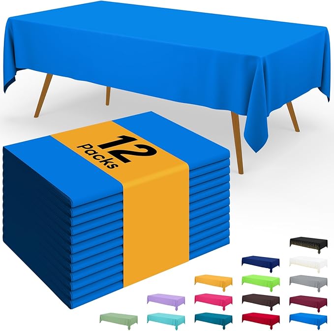 Smiry Disposable Table Cloth - 12 Pack, 54 x 108 Inch Waterproof Rectangle Tablecloths for Parties, Decorative Plastic Table Cover, Leakproof & Sturdy, Blue