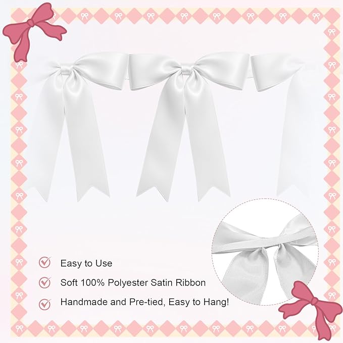 2 Strings of 16PCS White Bow Garlands Banner Decoration,Pre-Strung Satin Ribbon Ornaments for Birthday,Bachelorette Party,Bridal Shower,Wedding,Engagement,Baby Shower, Graduation Decor,Anniversary