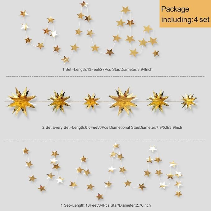 pinkblume Gold Party Decorations Star Garlands Streamer Gold 3D Stars Metallic Paper Hanging Bunting Banner for Birthday Wedding Baby Bridal Shower Holiday Christmas Ramadan EID Mubarak Party Supplies