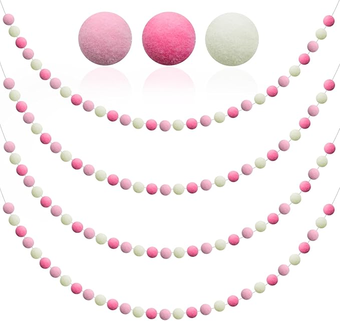 4 Pack 6.5 Feet Long Pom Pom Garland Red Pink White Felt Ball Garland 30 Balls for Valentine Day Wedding Party Birthday Decor Ornament