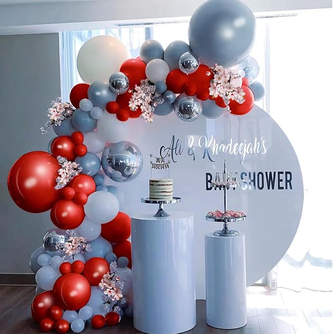 Dusty Blue Gray Red Silver Balloon Arch Kit, 141 Pcs Dusty Blue Retro Grey Metallic Silver Red and Silver Confetti Balloons for Birthday Wedding Baby Bridal Shower