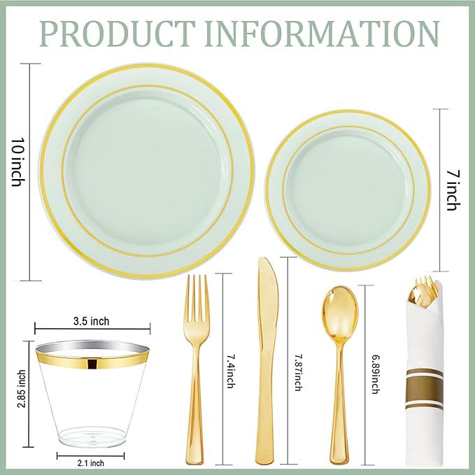 350PCS Green Plates Disposable - Sage Green Plastic Plates 50Guests Plastic Dinnerware with Rolled Napkins for Party/Birthday/Spring/Easter
