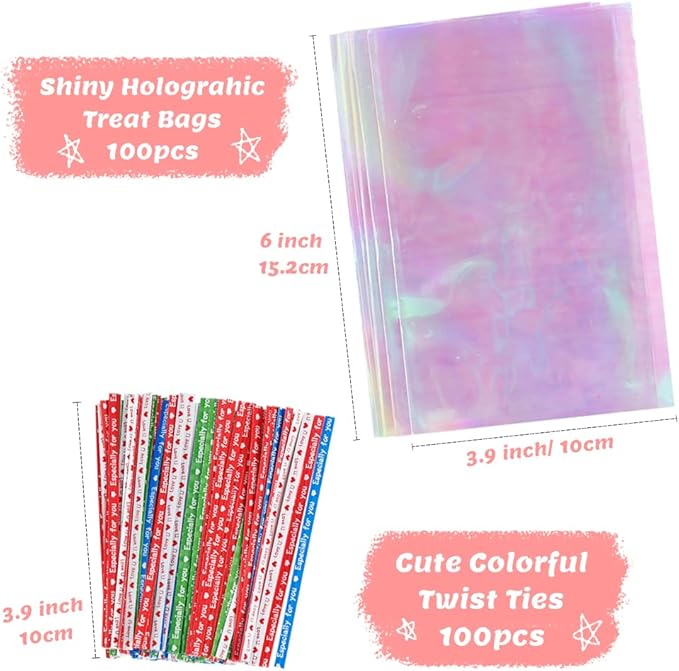 HRX Package 100pcs Small Iridescent Cellophane Treat Bags with Ties, 4x6 inch Holographic Plastic Goody Bags for Candy, Cake Pops, Favors