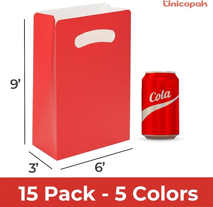 UnicoPak 15 Pack Colorful Party Favor Bags - 6×3×9” Vibrant Goodie Bags in 5 Assorted Colors for Birthday, Classroom, Halloween - Sturdy Red Blue Yellow Green Orange Gift Bags, Customizable for Treats Cookies