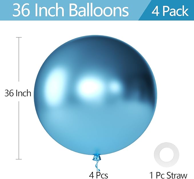 KALOR Metallic Blue Giant Balloons 36 Inch Large Latex Balloons, 4 Pack Jumbo Round Helium Balloon for Birthday Bridal Shower Wedding Baby Shower Party Decorations