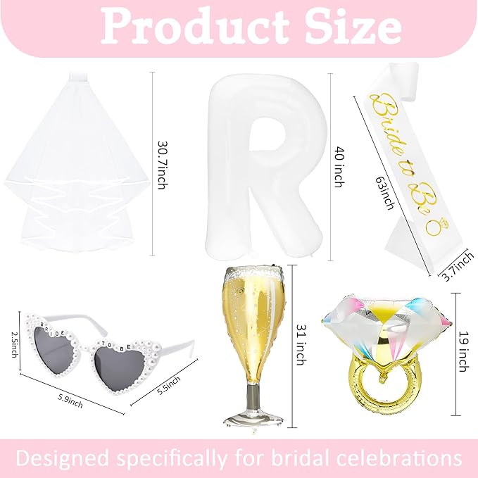 9PCS Bride to Be Balloon Decorations Set - BRIDE Letter Balloons, Ring & Champagne Foil Balloons, Veil, Sash & Sunglasses for Bachelorette, Bridal Shower, Engagement & Wedding Celebration