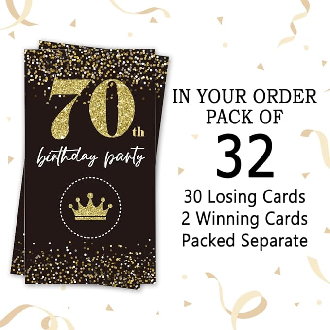 REWIDPARTY Black Gold 70th Birthday Party Scratch Off Game Cards (32 PCS) Cheers to 70 Years Prize Raffle Tickets Happy 70th Birthday Party Scratch Cards Supplies Activity for Family Friends Adults