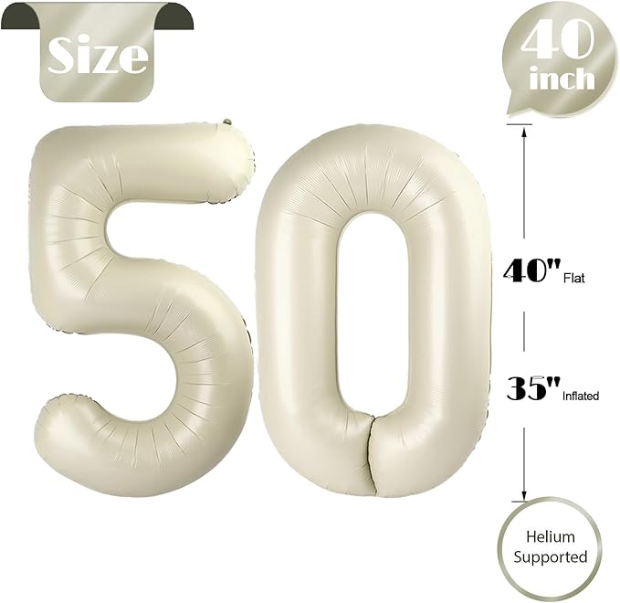 50 Balloon Number, Cream Number 50th Birthday Balloons 40 Inch, 50 Years Old Cream Birthday Decorations for Men Women, 50th Anniversary Decorations