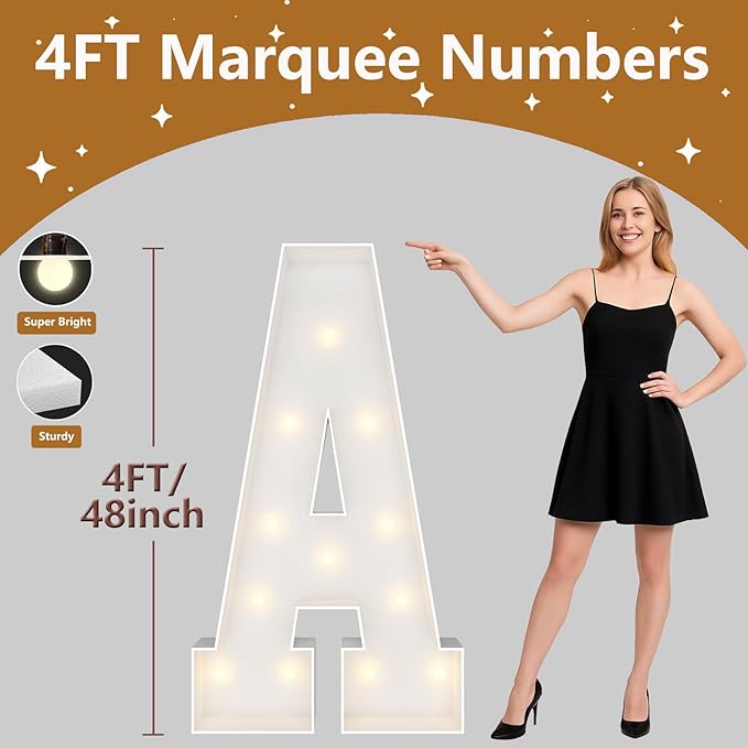 4FT Marquee Light Up Letters, Large Marquee Letters, Pre-cut Foam Board Letter A for Engagement Wedding Decorations Birthday Party Backdrop Decor, Balloon Arch Kit