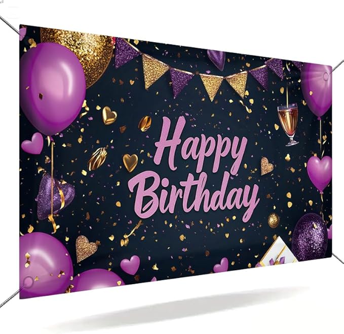 71x43 in Purple and Gold Birthday Party Backdrop, Happy Birthday Banner Decoration, Balloon Party Photography Backdrop, Suitable for Children, Adults, Girls, Ladies, Birthday Party Photo Setup Supplies