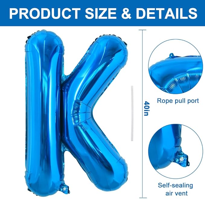 TONIFUL 40 Inch Large Blue Letter K Balloons Giant Alphabet Letter Balloons,Foil Mylar Big Balloons for 2026 Graduation Birthday Party Anniversary New Year Graduation Supplies Decorations