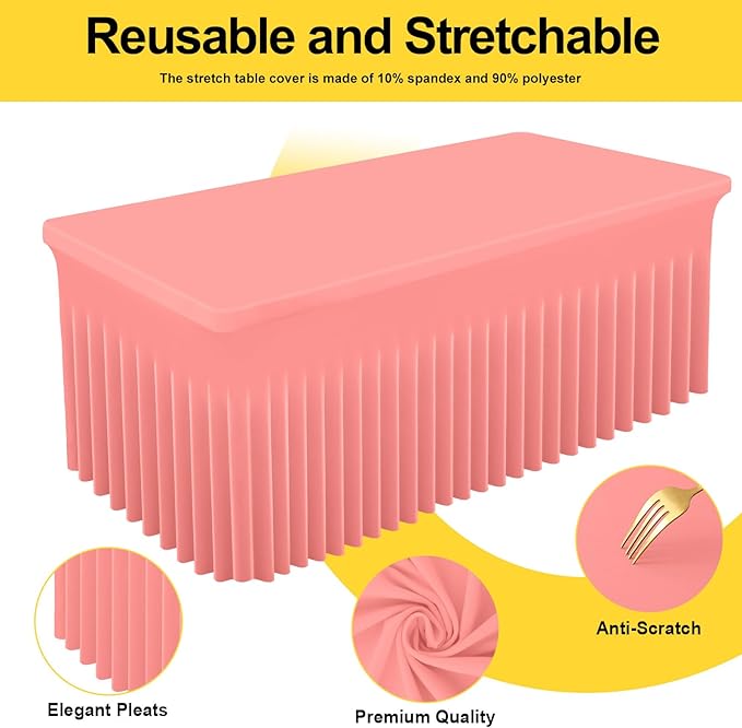 Smiry Spandex Tablecloth, Elastic Fitted Stretch Tablecloth for 8FT Rectangle Tables, Waterproof Washable Table Cover Skirt for Outdoor, Wedding, Banquet & Parties (Coral Red, 96Lx30Wx30H Inch)
