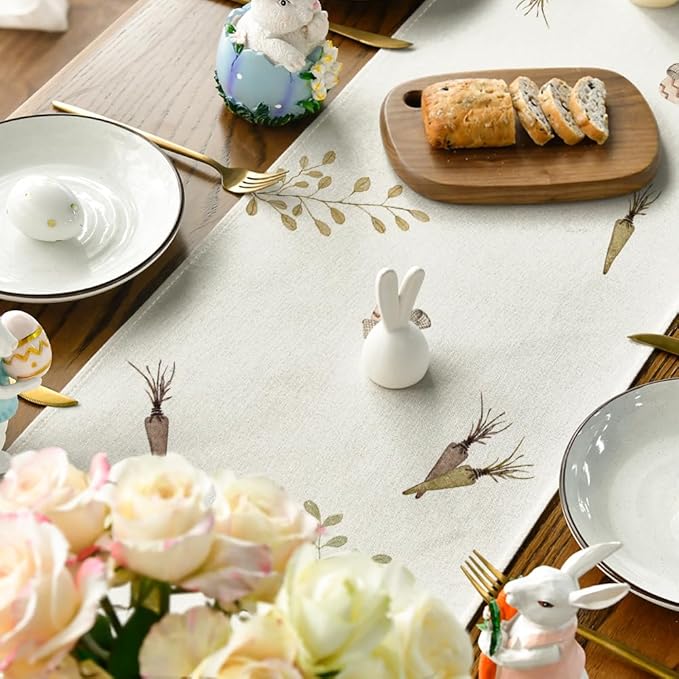 Artoid Mode Carrots Rabbit Bunny Happy Easter Table Runner, Spring Summer Seasonal Holiday Kitchen Dining Table Decoration for Indoor Outdoor Home Party Decor 13 x 120 Inch