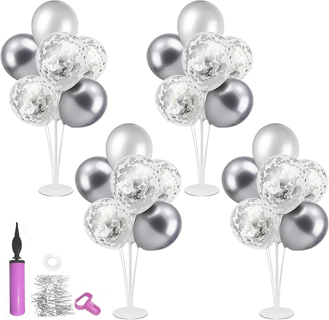 Silver Balloon Stand Centerpiece Table Decorations for 25th Wedding Anniversary Birthday Bridal Shower Father's Day Mother's Day Platinum Party Decorations(Silver gray set4)