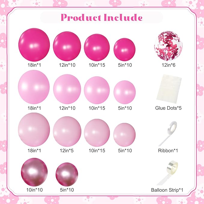 Pink Balloon Arch Kit, Hot Pink Balloons Garland Arch Kit Metallic Marcaron Pink Confetti Balloons for Bridal Shower Wedding Birthday Valentines Day Party Decorations
