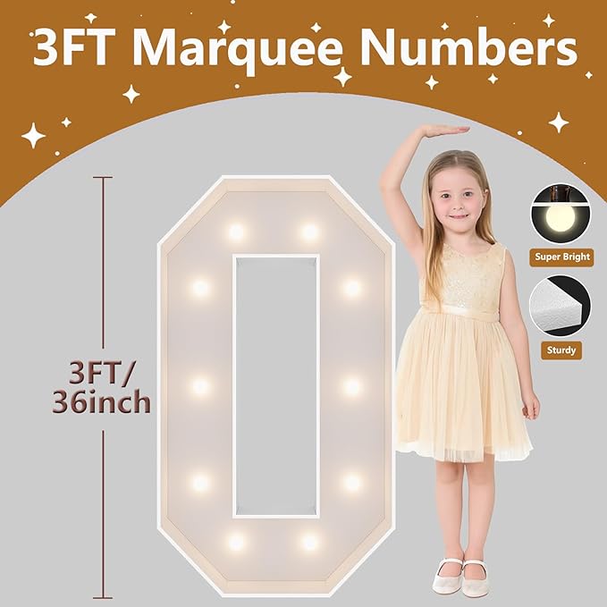 3FT Marquee Light Up Numbers, Giant Marquee Numbers, Pre-cut DIY Foam Board Number 0 for 30th 40th 50th Birthday Decorations,60th 70th Anniversary Party Decor