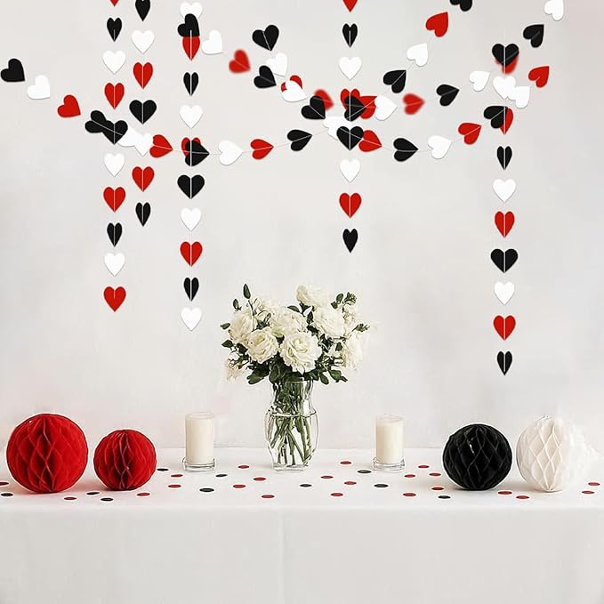 White Red Black Party Decorations - 52Ft Paper Heart Garland Streamers Birthday Banner Wedding Graduation Bachelorette Engagement Hanging Decor HongTongTong