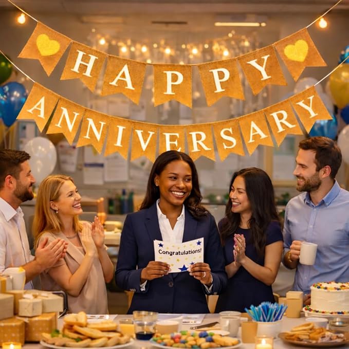 "Happy Anniversary" Burlap Banner – Rustic “Happy” and “Anniversary” across natural burlap flags (approx. 5" × 7") with Sparkly Gold Hearts Party Decor