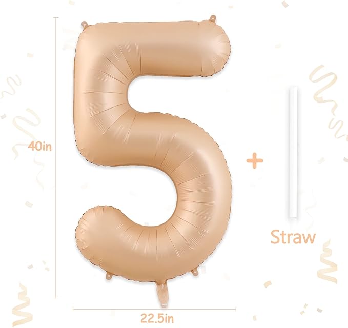 Number 5 Balloon, 5 Balloon, Number Balloons 40 Inch, Beige Large Big Foil Number Balloons for Birthday Party Graduation Wedding Anniversary Baby Shower Bachelorette Decoration Supplies