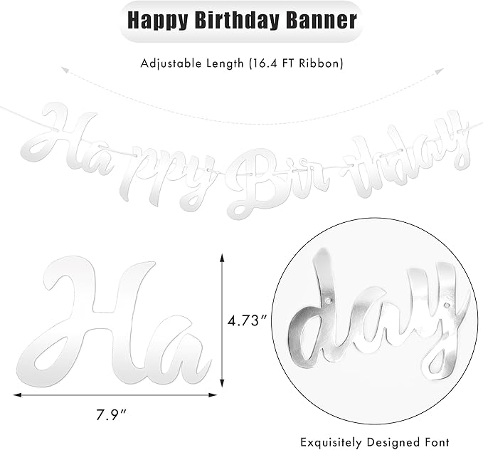 CANREVEL 3 PCS Silver Happy Birthday Banners, Hanging Stars Garland and Pennant Banner Flags, Silver Garland for Silver Party Decorations, Birthday Party Supplies for Women Men Girls Boys Adults