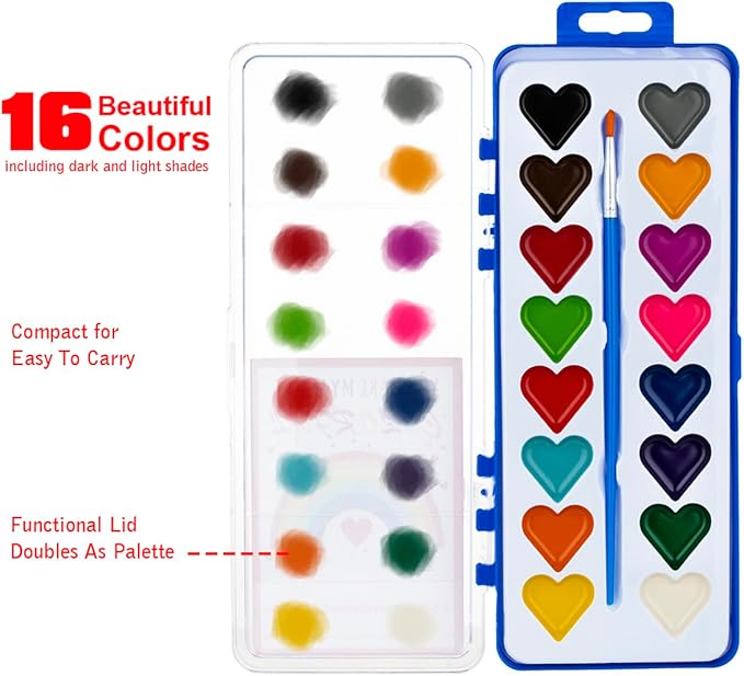 Valentines Day Gifts for Kids, 24 Pack Watercolor Paint Set with Paintbrush for Kids, Prizes Exchange Gifts Valentines Party Favors for Preschool Classroom School
