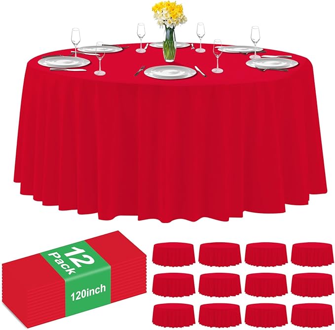 12 Pack Premium Red Plastic Table Cloth -120 Inch Round Tablecloth, Disposable Tablecloth Plastic Table Cover for Parties (12, Red, 120" Round)