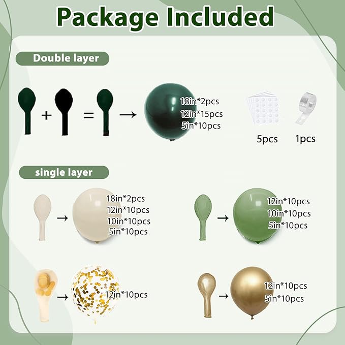 Emerald Green White Gold Balloons Arch Kit,Double Stuffed Dark Green Sage Dusty Olive Green Sand White Beige Chrome Gold Confetti Balloons Garland for Birthday Wedding jungle Safari Party Decorations