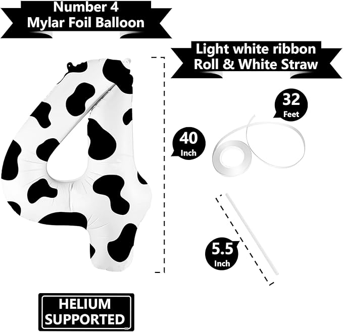40 Inch Cow Print Balloon, Number 4 balloons Cow Balloons for 4st birthday decoration, Large Cow Number Balloons for western party decorations Baby Shower Animal Theme Party Holiday Decor