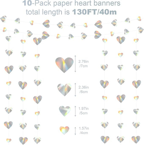 10 Pack 130ft Silver Holographic Heart Party Garland Asymmetrical Love Hanging Banners for Birthday Wedding Bachelorette Baby Bridal Shower Engagement Decorations