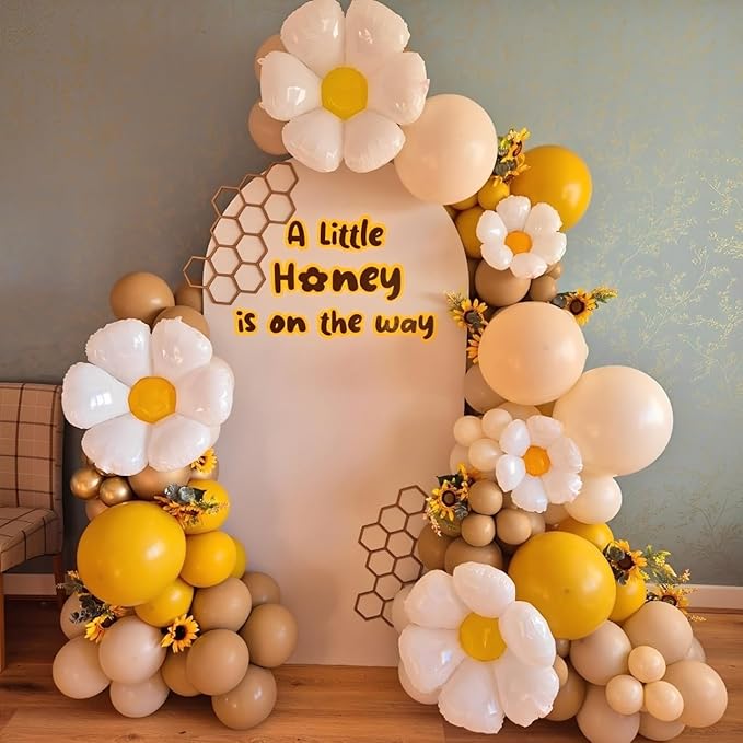 Bee Balloon Garland Arch Kit 141pcs Brown Mustard Yellow White Balloons with Flower Daisy Mylar Balloon for A Little Honey is on the Way Theme Party Decoration (Yellow White)