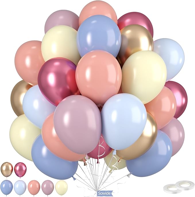 Pastel Balloons, Spring Balloons 50pcs 12 Inch Magenta Macaron Pastel Yellow Blue Pink Blue Purple Metallic Gold for Girl Garden Birthday Rainbow Theme Party Spring Baby Shower Wedding Decorations