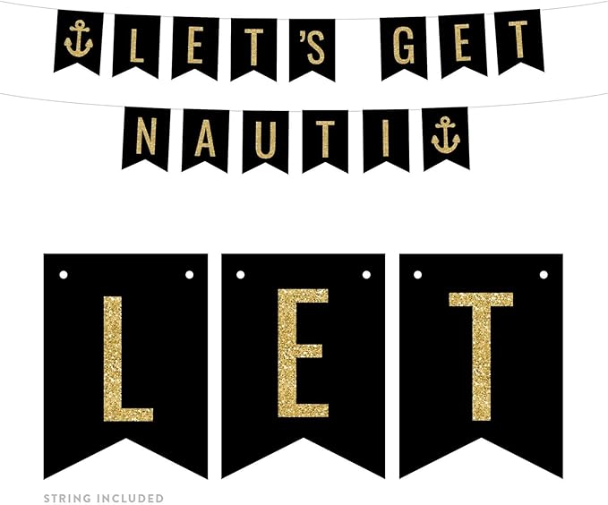 Andaz Press Faux Gold Glitter on Black Funny Alcohol Party Banner Decorations, Let's Get Nauti, Anchor Graphic, Approx 5-Feet, 1-Set, Wedding Bridal Shower Bachelorette Colored Hanging Pennant Decor