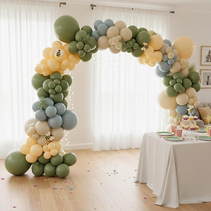 184Pcs Classic Winnie Balloon Garland Arch Kit - Classic Bear Theme Party Decorations with Blue Yellow Sage Green Sand White Balloons for Baby Shower Girl Boy Birthday Party Decorations
